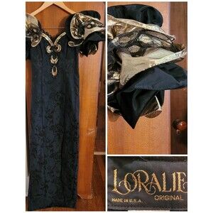 Cheongsam 80 VTG Ruffle Sleeve Sequin Maxi Fitted Dress Prom Party Black Gold 8